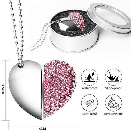 Elegant Heart Shaped Diamond USB Flash Drive for Gifting and Storage - pink rhinestone half-heart pendant USB in gift tin (2GB)