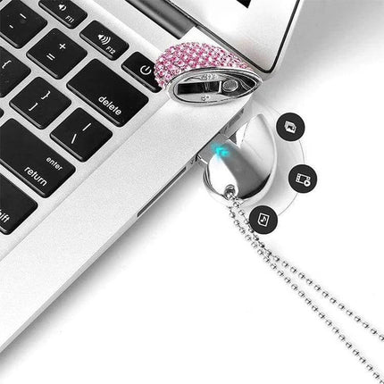 Elegant Heart Shaped Diamond USB Flash Drive for Gifting and Storage plugged into laptop showing pink rhinestone design and 2GB portable storage