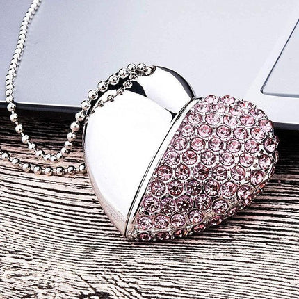 Elegant Heart Shaped Diamond USB Flash Drive for Gifting and Storage - 2GB pink rhinestone heart USB flash drive on chain
