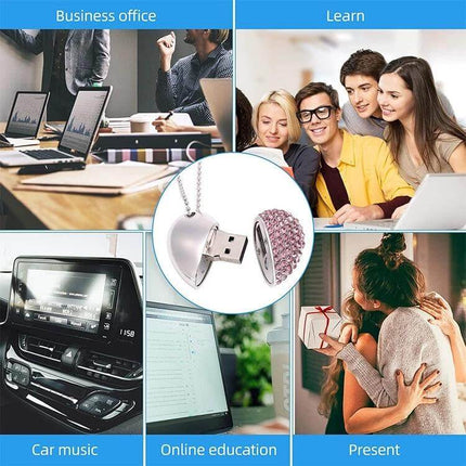 Elegant Heart Shaped Diamond USB Flash Drive for Gifting and Storage - 2GB decorative heart USB for gifts, file transfer, car music, office, online learning
