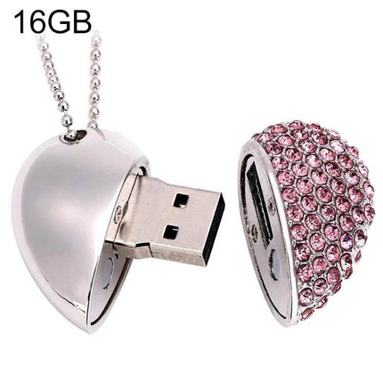 Elegant Heart Shaped Diamond USB Flash Drive for Gifting and Storage, 16GB silver heart with pink crystal cover on chain