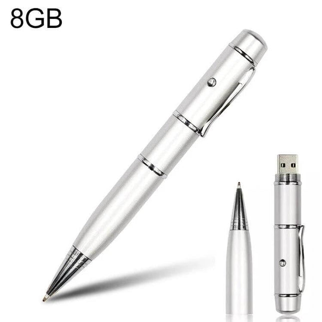 Silver Laser Pen Style USB Flash Drive with 8GB Storage - compact silver pen-drive for students and professionals, portable 8GB USB plug-and-play