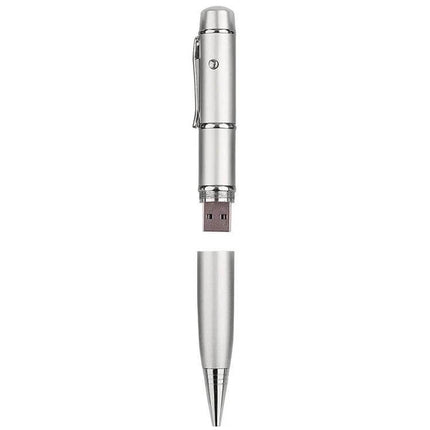 Silver Laser Pen Style USB Flash Drive with 8GB Storage, sleek silver pen-shaped USB with cap removed, clip for pocket, compact portable storage
