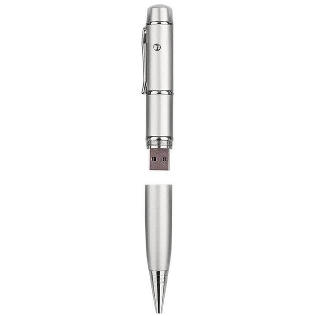 Silver Laser Pen Style USB Flash Drive with 8GB Storage, sleek silver pen-shaped USB with cap removed, clip for pocket, compact portable storage