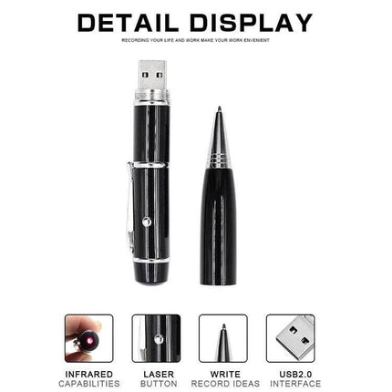 Silver Laser Pen Style USB Flash Drive with 8GB Storage shown in black pen form with cap removed, USB plug visible, laser button and infrared capabilities