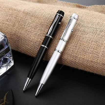 Silver Laser Pen Style USB Flash Drive with 8GB Storage shown beside a black pen on burlap background, compact portable USB pen drive