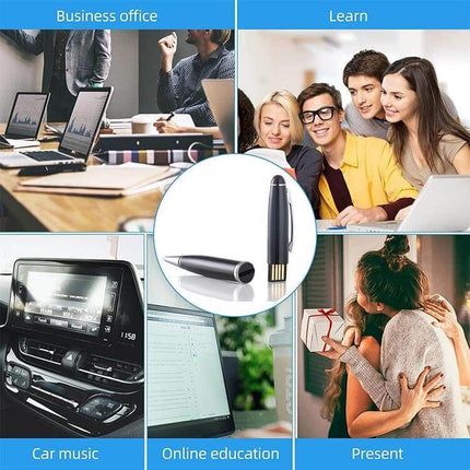 Compact Pen Style USB Flash Drive for Portable Storage Options - 32GB pen USB drive shown with office, education, car music, and gift use cases