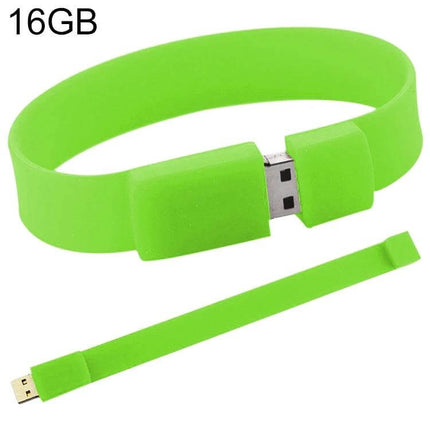 Green 16GB Silicon Bracelet USB Drive for Data Storage shown as a wearable green silicon 16GB USB bracelet for portable file transfers