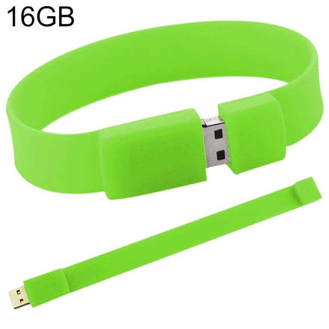 Green 16GB Silicon Bracelet USB Drive for Data Storage shown as a wearable green silicon 16GB USB bracelet for portable file transfers