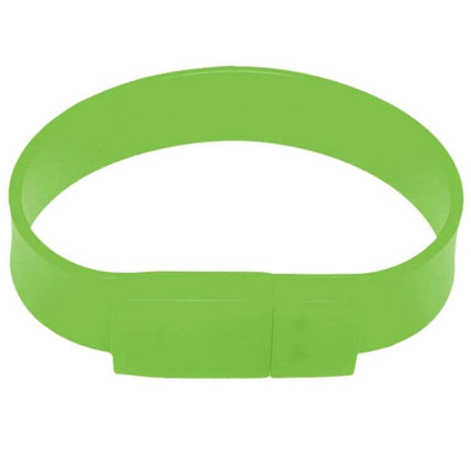 Green 16GB Silicon Bracelet USB Drive for Data Storage worn as a green wearable USB bracelet for travel, school, and remote work