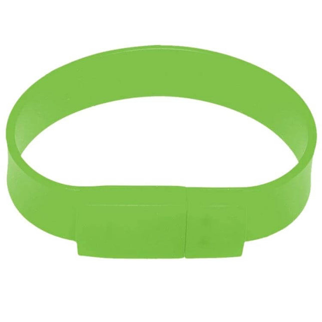 Green 16GB Silicon Bracelet USB Drive for Data Storage worn as a green wearable USB bracelet for travel, school, and remote work
