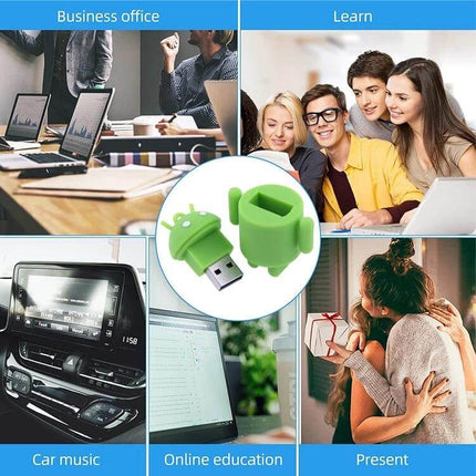 Compact Green Android Robot USB Flash Drive for Everyday Storage - 4-pack lifestyle collage showing students, office, car and gift uses