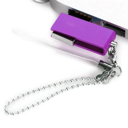 Mini Rotatable USB Flash Drive for Everyday Data Storage - compact purple swivel USB drive attached to laptop with keychain