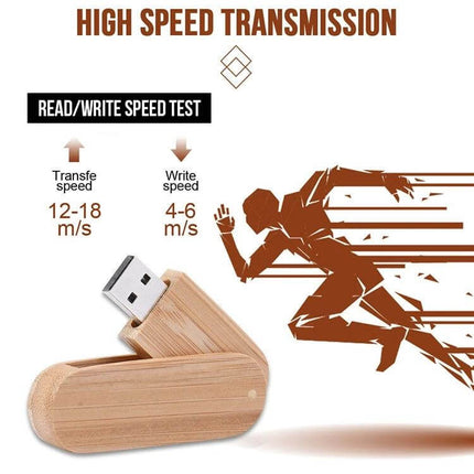 8 GB Wooden USB Flash Drive for Storing Files and Photos with natural wooden exterior showing high speed transmission and read/write speeds