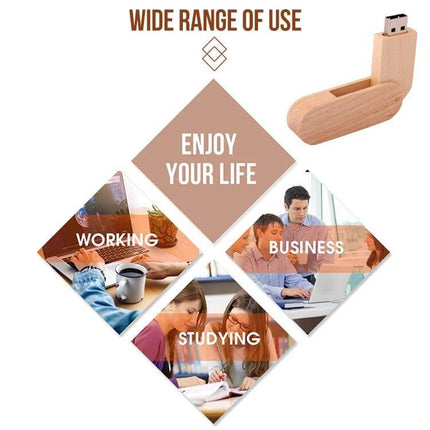 8 GB Wooden USB Flash Drive for Storing Files and Photos with natural wooden exterior shown alongside use cases: working, business, studying