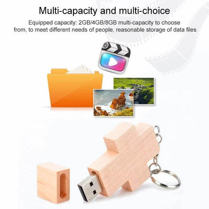 Wood Cross Style USB Flash Drive for Everyday Data Storage, 8GB Capacity - wooden cross USB keychain showing 8GB storage and file icons