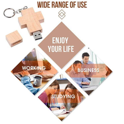 Wood Cross Style USB Flash Drive for Everyday Data Storage, 8GB Capacity - wooden cross USB keychain shown with working, business, studying use