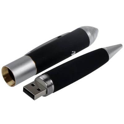 Laser Pen Style USB Flash Drive with 8GB Capacity - black pen-style USB flash drive shown with cap removed, compact portable storage for students and professionals