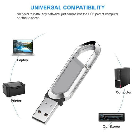 16GB Keychain Style USB Flash Drive for Everyday Storage showing silver keychain USB compatible with laptop, computer, printer and car stereo
