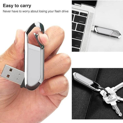 16GB Keychain Style USB Flash Drive for Everyday Storage - compact silver keychain USB shown on keys and plugged into laptop