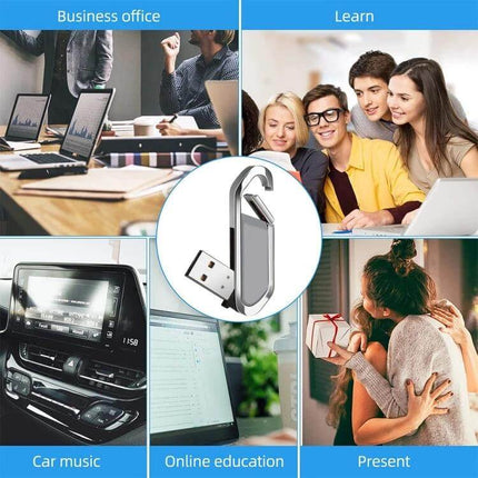 16GB Keychain Style USB Flash Drive for Everyday Storage compact swivel metal drive on keyring surrounded by business, learning, car music, online education, present usage