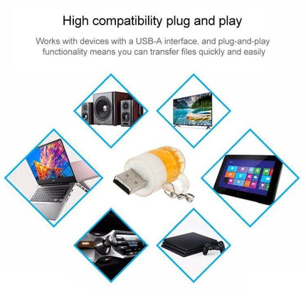 Stylish 16GB USB Flash Drive with Beer Keychain for Portable Storage shown with devices: laptop, tablet, TV, game console, speakers