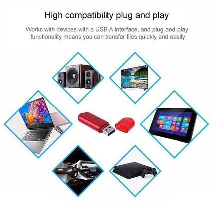 Compact 8GB Red USB Flash Drive for Everyday Data Storage - red USB 2.0 flash drive shown with laptop, tablet, TV, speakers, gaming console and car stereo