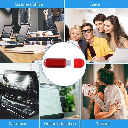 Compact 8GB Red USB Flash Drive for Everyday Data Storage - red USB 2.0 drive shown with office, learn, car music, online education, present use cases