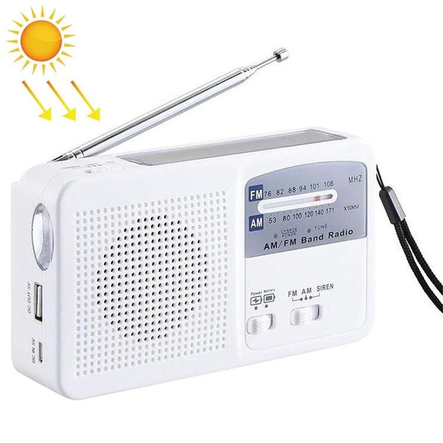 Multi-Function Portable Solar Flashlight with AM/FM Radio and Charger white emergency radio with solar panel, AM/FM dial, antenna and charging port
