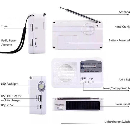 Multi-Function Portable Solar Flashlight with AM/FM Radio and Charger showing antenna hand crank solar panel USB port and labeled controls