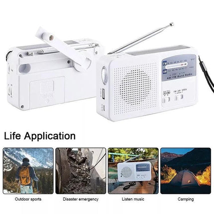 Multi-Function Portable Solar Flashlight with AM/FM Radio and Charger shown with crank, solar panel, USB charging and AM/FM radio for camping and emergencies
