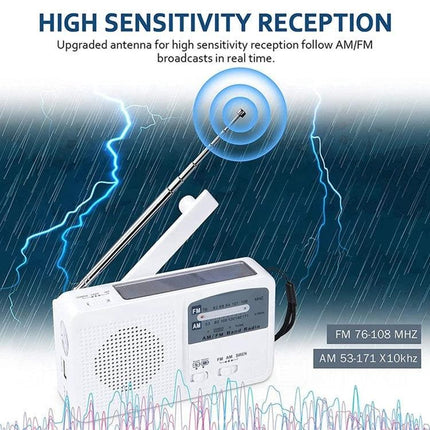 Multi-Function Portable Solar Flashlight with AM/FM Radio and Charger showing antenna, FM/AM reception, solar panel and speaker for emergencies