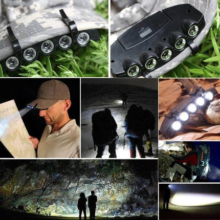 LED Cap Light With 5 LEDs For Camping And Outdoor Use - Hands-free cap-mounted LED light with 5 ultra-bright LEDs for hiking, map reading, and camping