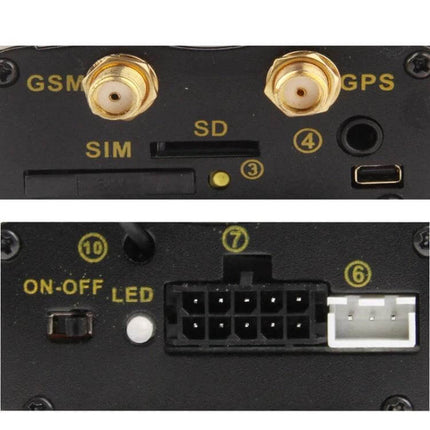 Vehicle Tracker for Real-Time Location and Security Monitoring — close-up of GSM GPS SIM SD and connector ports on device