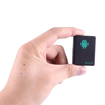 Mini GPS Tracker for Real-Time Personal Location Monitoring - compact black mini tracker held between fingers with voice call-back feature
