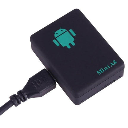 Mini GPS Tracker for Real-Time Personal Location Monitoring - compact black MiniA8 device with Android logo and USB cable for voice call-back