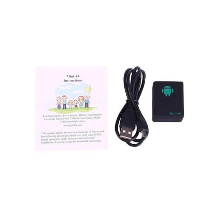 Mini GPS Tracker for Real-Time Personal Location Monitoring compact Mini A8 device with USB cable and instruction leaflet