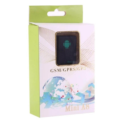 Mini GPS Tracker for Real-Time Personal Location Monitoring - compact Mini A8 tracker box showing device with Android icon and GSM/GPRS label