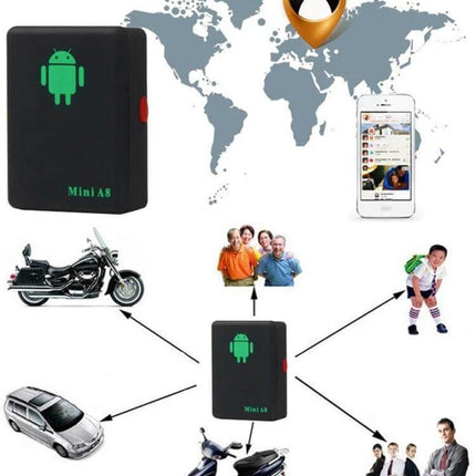 Mini GPS Tracker for Real-Time Personal Location Monitoring showing compact tracker with phone map and tracked items (kids, car, motorcycle, luggage)