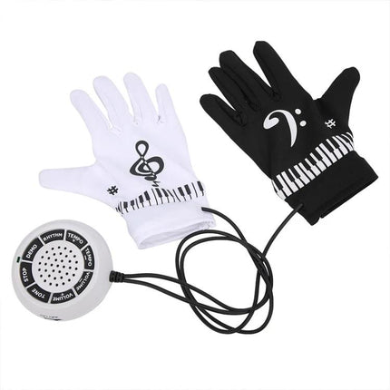 Electronic Piano Gloves for Creating Music Anywhere - black and white fingertip gloves with keyboard print and portable speaker controller