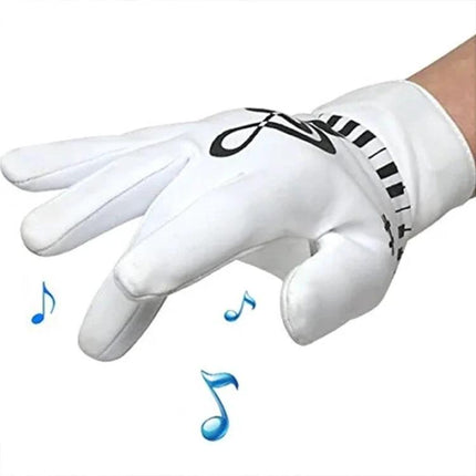 Electronic Piano Gloves for Creating Music Anywhere - white fingertip gloves with musical note design turning surfaces into portable piano