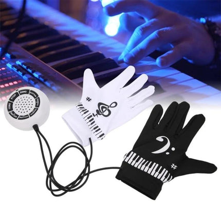 Electronic Piano Gloves for Creating Music Anywhere - white and black fingertip MIDI gloves with keyboard print and portable speaker