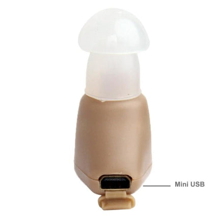 Axon Rechargeable In-The-Ear Hearing Aid with Volume Control compact beige rechargeable unit showing mini USB port
