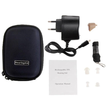 Axon Rechargeable In-The-Ear Hearing Aid with Volume Control compact kit with charger, carrying case, ear tips and manual