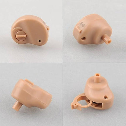 Compact In-Ear Hearing Aid for Everyday Sound Amplification, beige discreet in-ear device shown from multiple angles