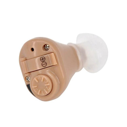 Wireless Behind-the-Ear Hearing Aid for Everyday Assistance compact beige device with adjustable volume and silicone ear tip