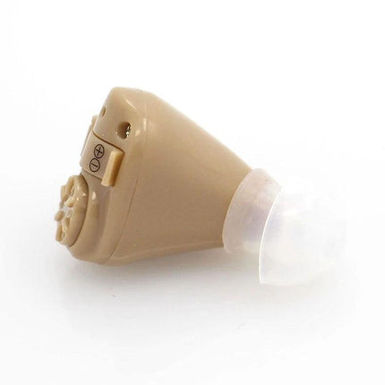 Wireless Behind-the-Ear Hearing Aid for Everyday Assistance shown close-up beige in-ear device with adjustable volume control