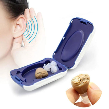 Wireless Behind-the-Ear Hearing Aid for Everyday Assistance small beige in-ear device with storage case and ear tips