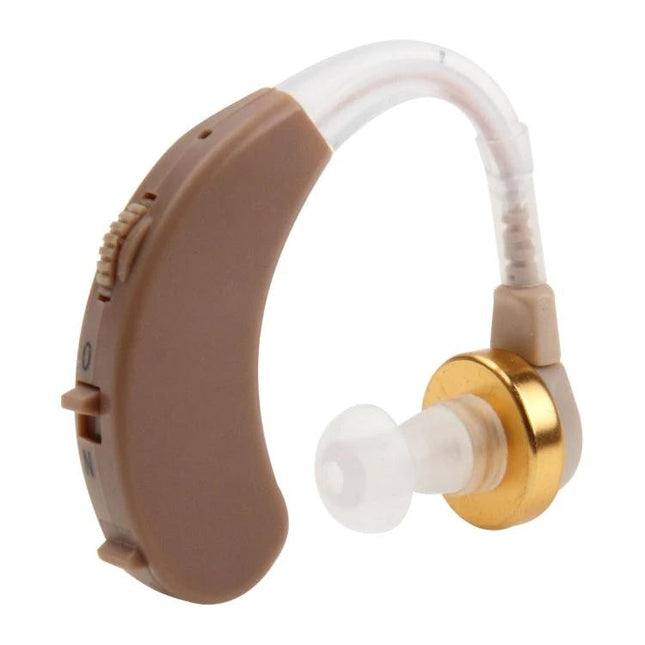 JECPP Behind-Ear Hearing Aid with Adjustable Tone for Daily Activities compact brown BTE unit with volume knob and clear tube
