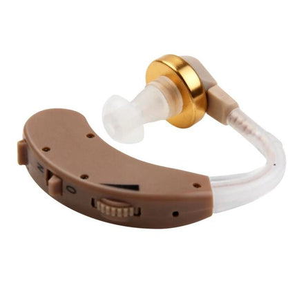 JECPP Behind-Ear Hearing Aid with Adjustable Tone for Daily Activities discreet brown device with volume knob and ear tip